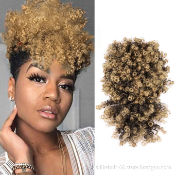 Silky Brown Black Short Drawstring Ponytail Puff Hair Pieces Afro Kinky Curly Chignon Bun With Bangs Synthetic Hair Extensions